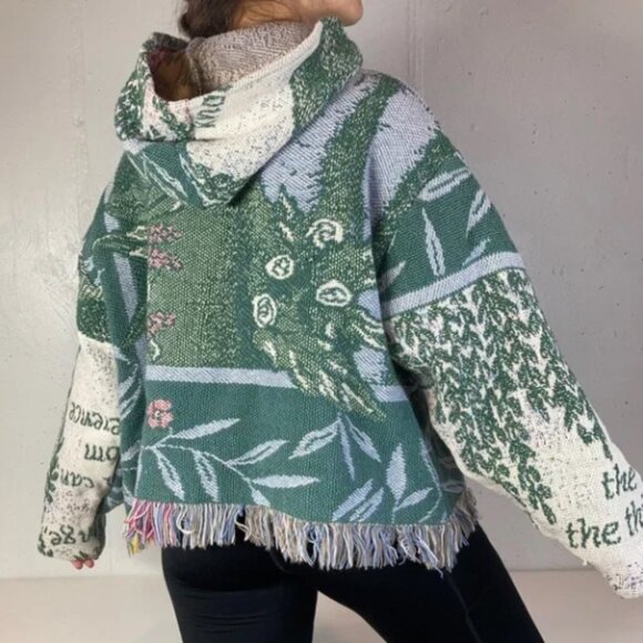 Vintage Rework Green Fringe Cropped Tapestry Blanket Hoodie - Picture 7 of 9